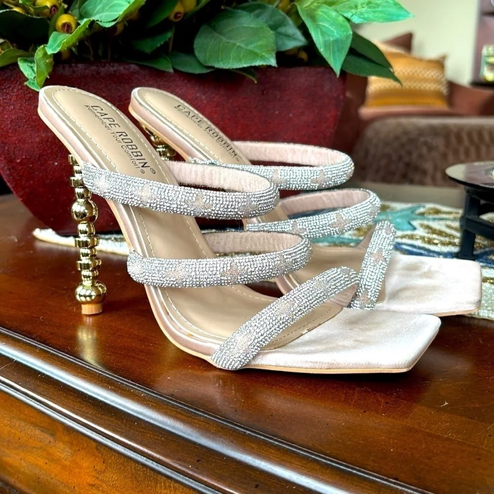 Cape Robbin Rhinestone Multi-Strap Square Toe High Heels Stilettos Sparkly Beige